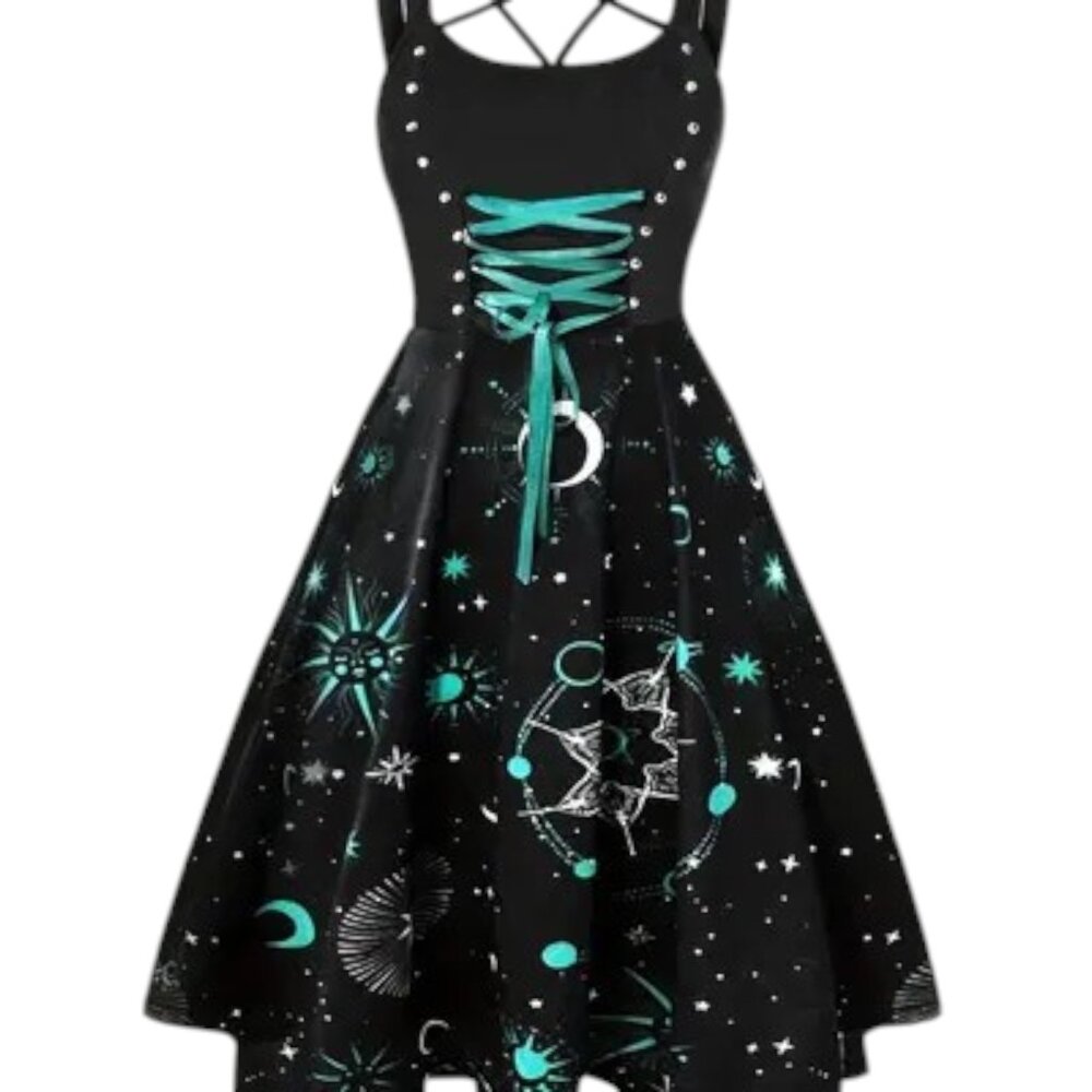 Tik Tok Trend Sun Moon Unity Emo Gothic Witchy Boho Sleeveless Dress Women S NWT